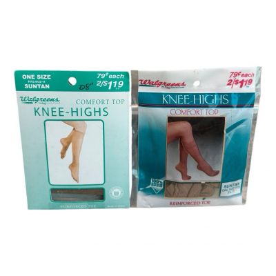 VTG Walgreens Knee Highs Comfort Top Reinforced Toe One Size Suntan 2 Packages